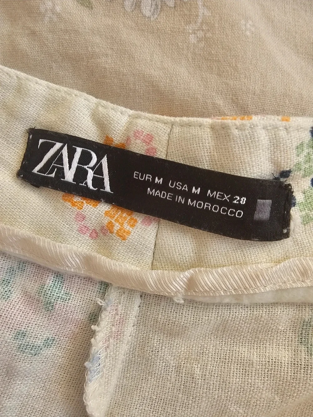Zara White Wide-Leg Embroidered Border Pants - Multicolor Floral Motif